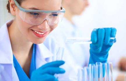 Woman researcher is surrounded by medical vials and flasks, isolated on white background